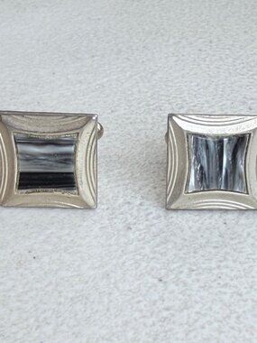 Vintage Marbled Square Cufflinks 1970s Etched Silver Tone Metal Cuff Links